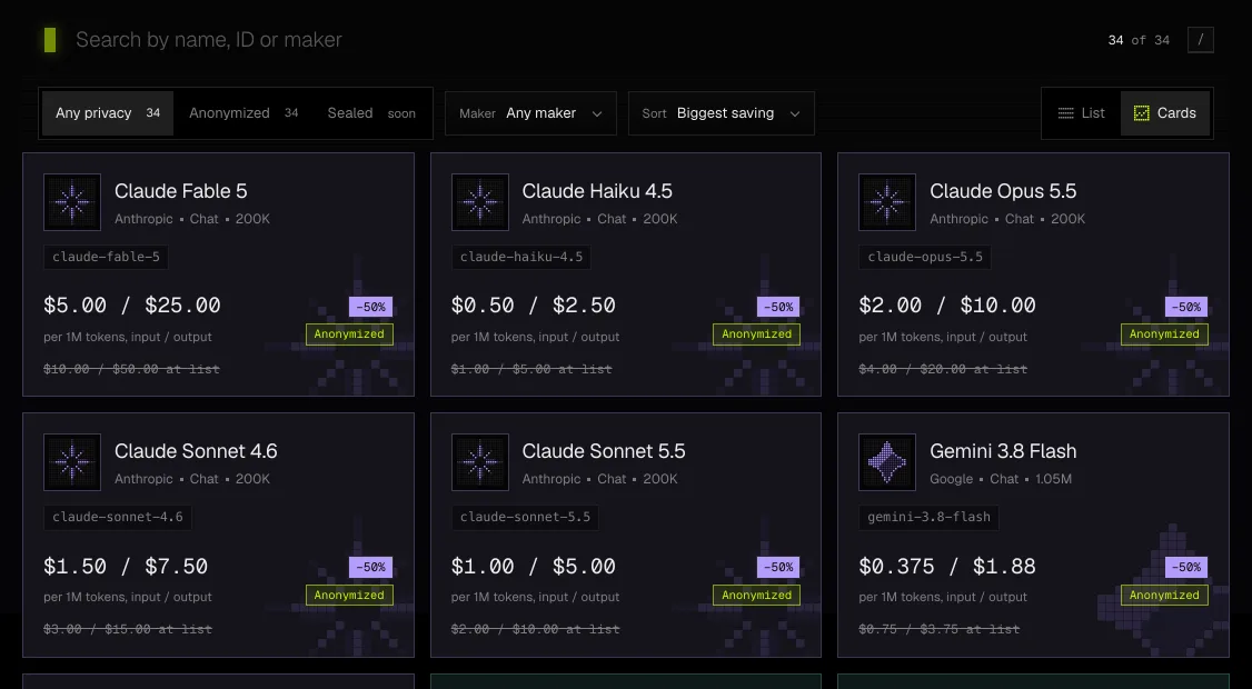 The Models page in Moth Console with sample data, showing model cards with each model's ID, price per million tokens, its saving against list and its privacy mode